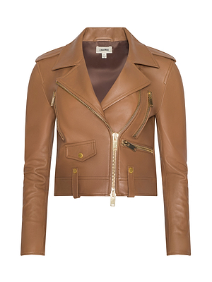 The Blakely Leather Biker Jacket is a brown lambskin biker jacket with gold zippers, wide collar, shoulder epaulets, and long sleeves, shown against a plain white background.