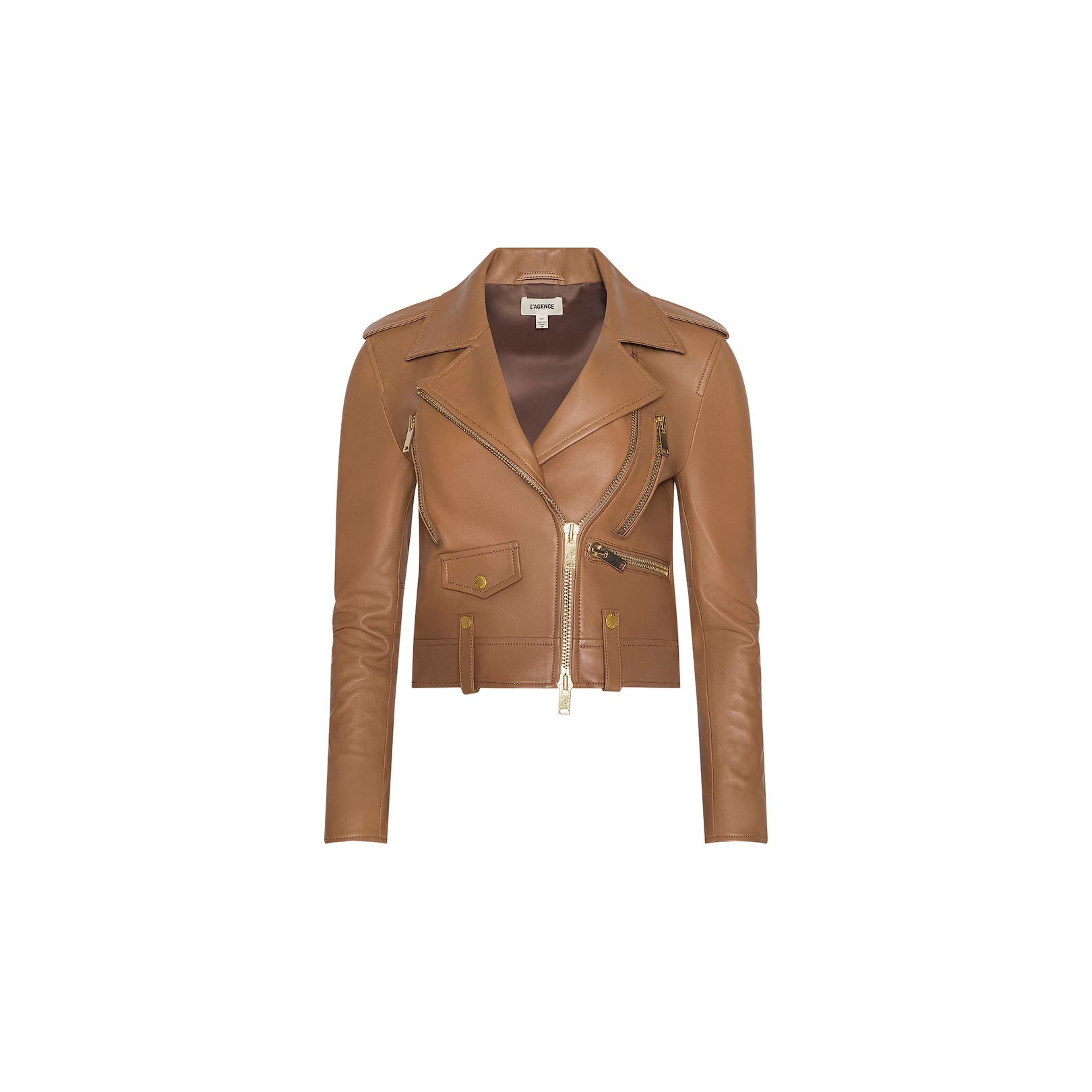 The Blakely Leather Biker Jacket is crafted from luxurious brown lambskin leather and features gold zippers and buttons, a notched lapel collar, flap pockets, and fitted long sleeves. Displayed on a plain white background.