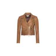 The Blakely Leather Biker Jacket is crafted from luxurious brown lambskin leather and features gold zippers and buttons, a notched lapel collar, flap pockets, and fitted long sleeves. Displayed on a plain white background.