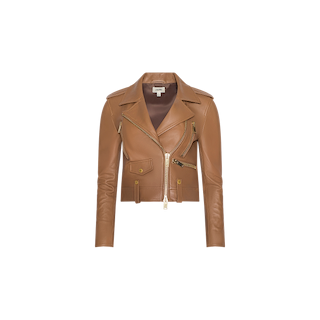The Blakely Leather Biker Jacket is crafted from brown lambskin leather and features gold zippers and buttons, motorcycle-inspired detailing such as a notched collar, front pockets, and long sleeves, all showcased against a plain white background.
