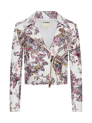 The Blakely Leather Biker Jacket is a cropped white lambskin piece with pink, purple, and black floral print, gold zippers, button details on shoulders and waist, and the LAGENCE label visible inside the collar.