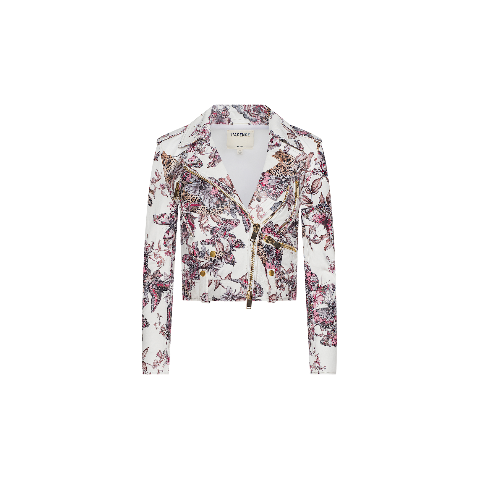 The Blakely Leather Biker Jacket is a white, long-sleeve biker jacket crafted from lambskin leather, adorned with a pink and purple floral print, gold zippers, and a lapel collar, displayed on a white background.