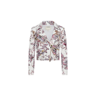 The Blakely Leather Biker Jacket is a white, long-sleeve biker jacket crafted from lambskin leather, adorned with a pink and purple floral print, gold zippers, and a lapel collar, displayed on a white background.