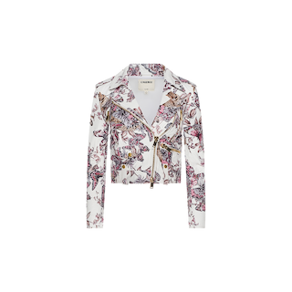 The Blakely Leather Biker Jacket is a white cropped piece crafted from luxurious lambskin leather, showcasing a vibrant jungle print of florals and butterflies in pink and purple shades. It features a notched collar, zipper closure, and striking metallic detailing.