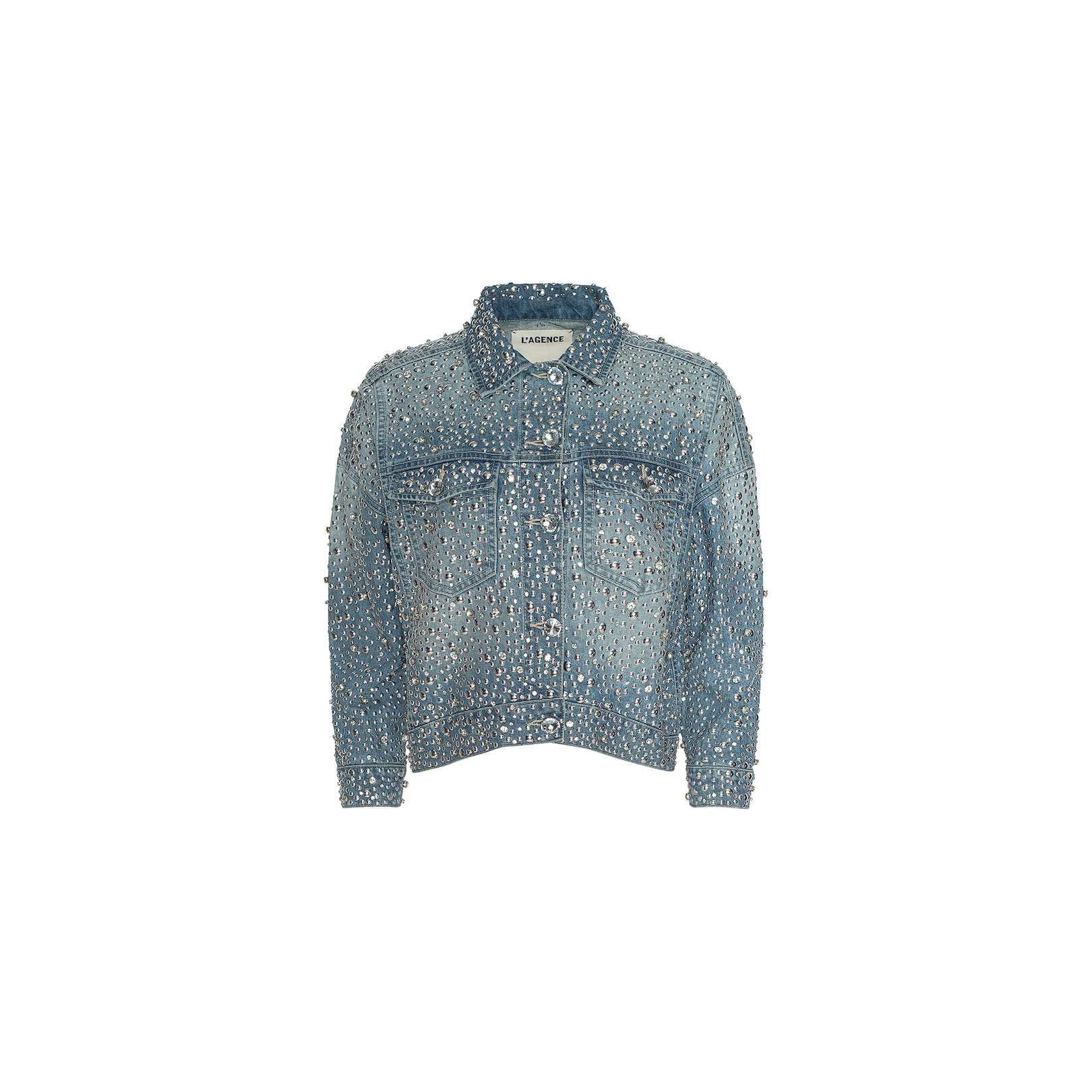 The Vangie Embellished Jean Jacket features a bold blue denim design, intricately adorned with countless small pearl-like beads covering the entire front, sleeves, and pockets. Displayed against a plain white background, this stunning jacket stands out as an unmistakable statement piece.