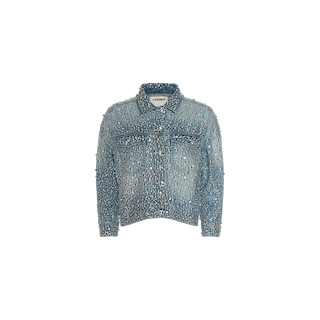 The Vangie Embellished Jean Jacket features a bold blue denim design, intricately adorned with countless small pearl-like beads covering the entire front, sleeves, and pockets. Displayed against a plain white background, this stunning jacket stands out as an unmistakable statement piece.