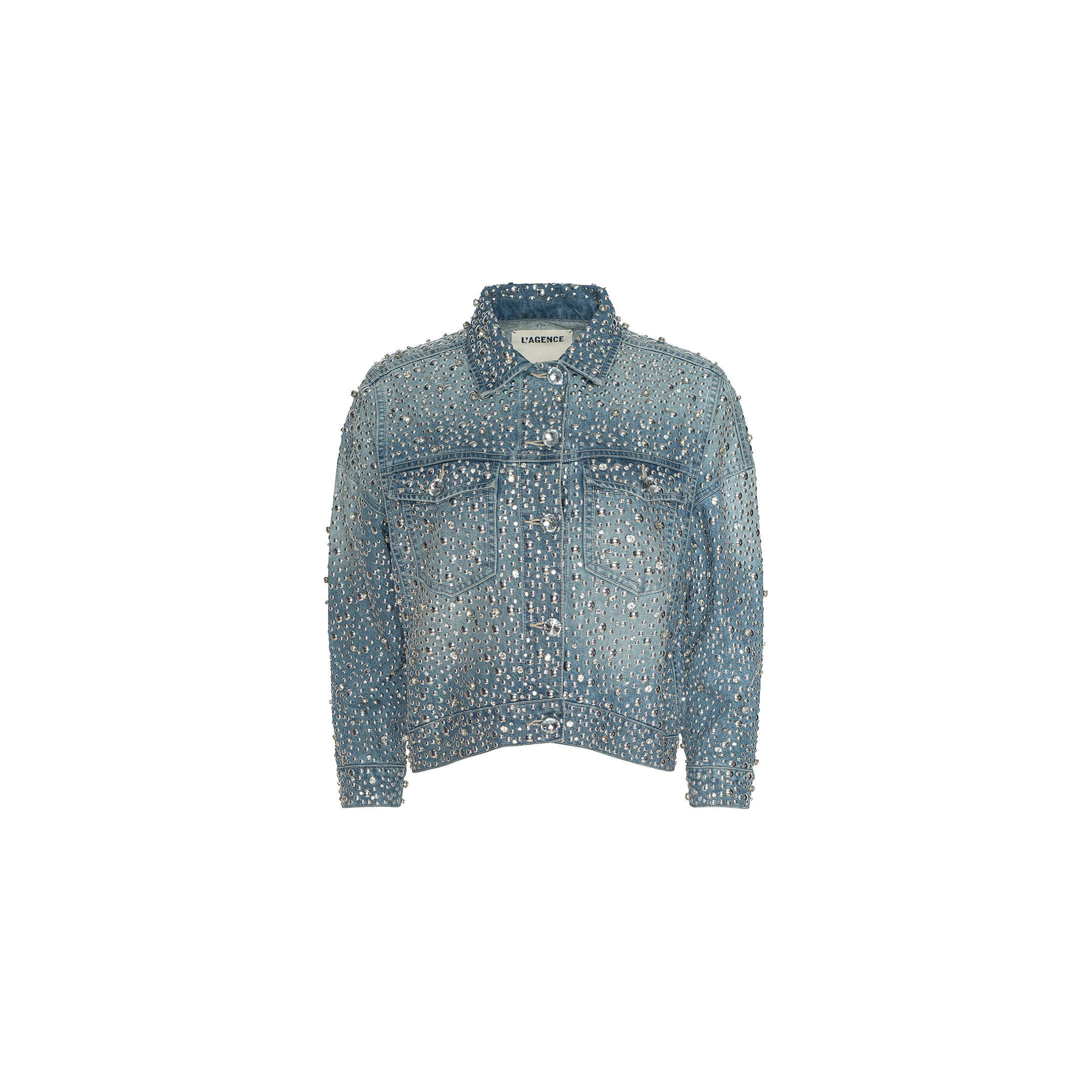 The Vangie Embellished Jean Jacket features a bold blue denim design, intricately adorned with countless small pearl-like beads covering the entire front, sleeves, and pockets. Displayed against a plain white background, this stunning jacket stands out as an unmistakable statement piece.