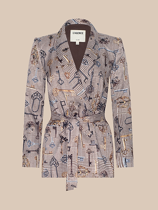 The Aven Wrap Blazer features a geometric and illustrated pattern on a beige background, designed with notched lapels and a belted wrap-front silhouette for a modern twist on classic suiting. The label inside reads LAGENCE.