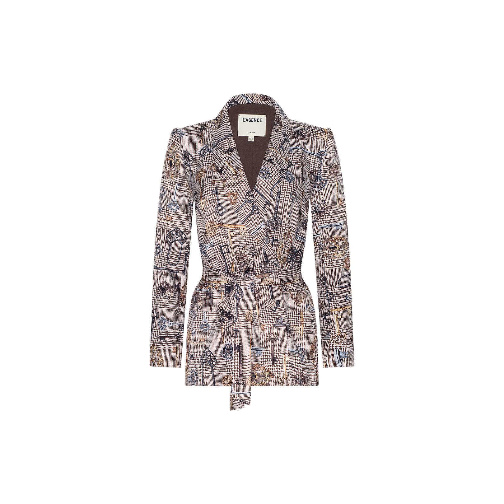 The Aven Wrap Blazer is a modern suiting piece featuring a notched collar, long sleeves, and a combination of abstract sketches and check designs on a crisp white background.