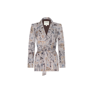 Aven Wrap Blazer—a modern suiting statement—features a patterned, long-sleeve wrap-front design with a notched lapel, hand-drawn illustrations, and a brown houndstooth inner lining. Displayed on a plain white background.