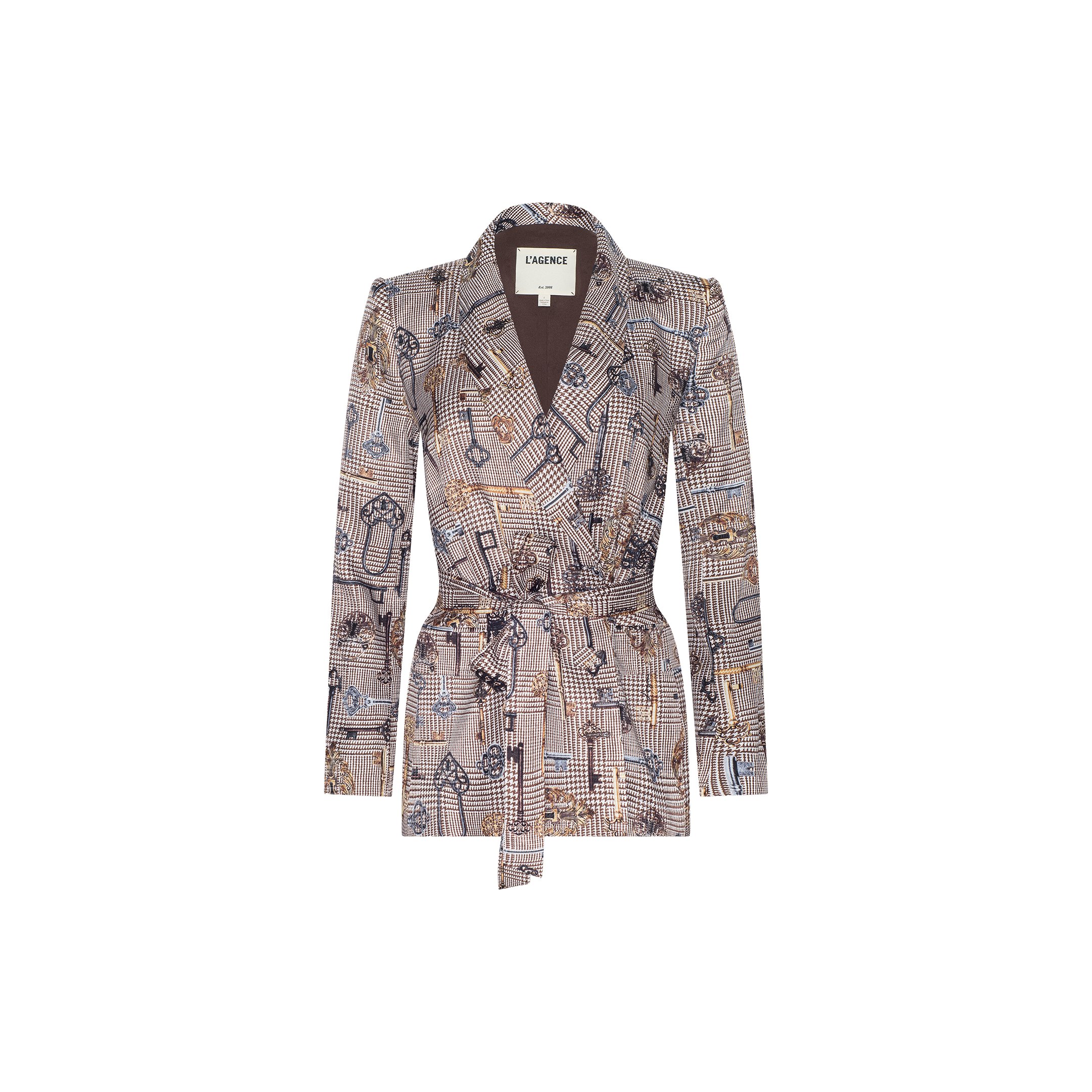The Aven Wrap Blazer is a modern suiting piece featuring a notched collar, long sleeves, and a combination of abstract sketches and check designs on a crisp white background.