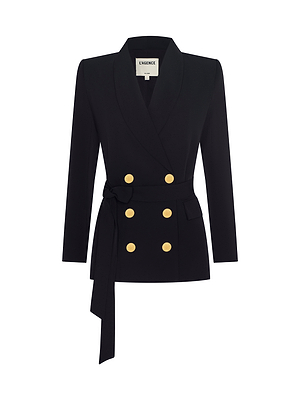 The Aven Wrap Blazer is a black wrap-front blazer with gold buttons, crafted from modern suiting fabric.