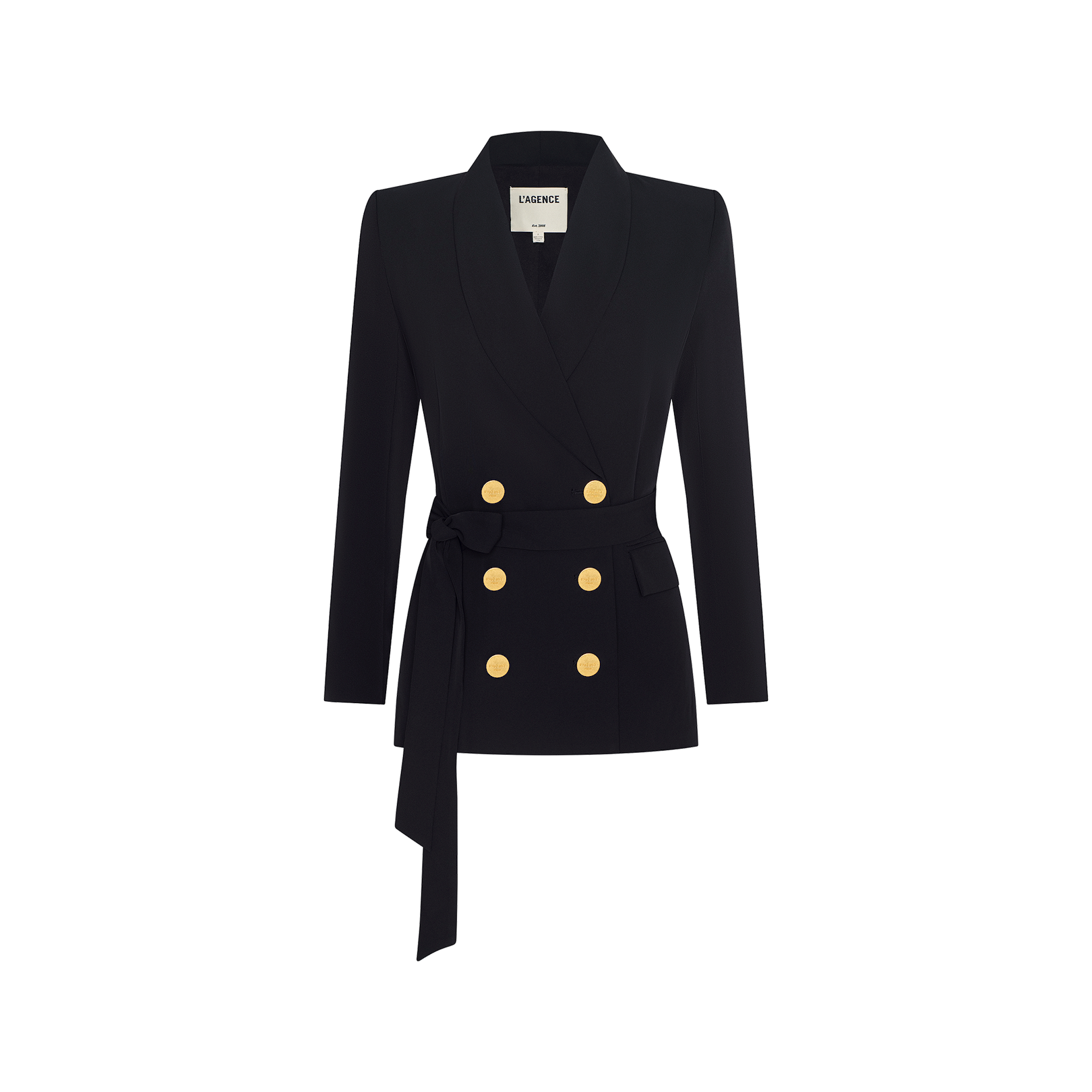 The Aven Wrap Blazer is a black double-breasted blazer featuring gold buttons, long sleeves, a notched lapel, and a matching fabric belt that ties at the waist—an elegant addition to women’s suiting for a polished, modern look.