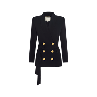 The Aven Wrap Blazer is a black double-breasted wrap-front blazer, crafted from premium suiting fabric and finished with gold buttons. It features a matching fabric belt, long sleeves, and two front pockets. Displayed on a white background, this piece is a modern suiting essential.
