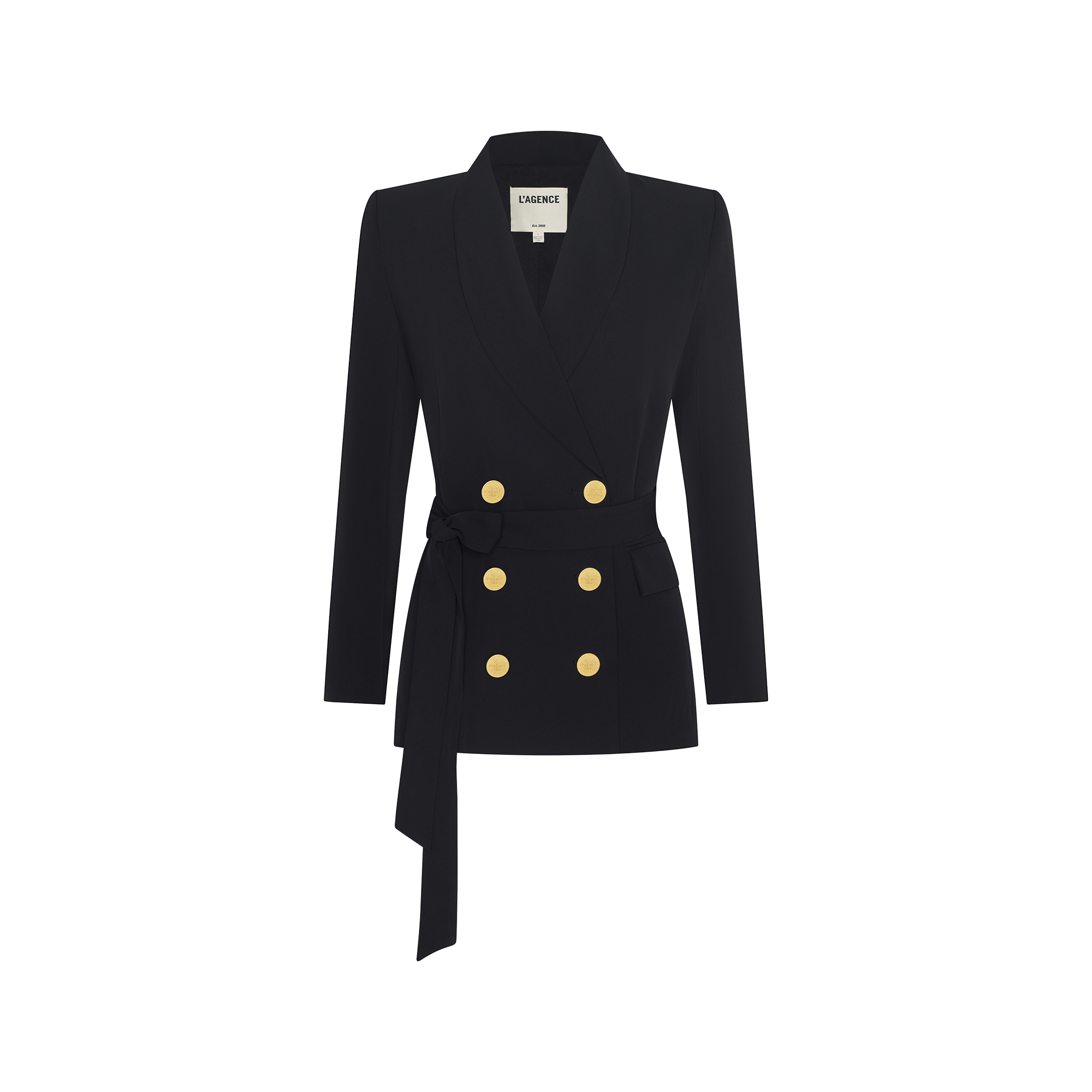 The Aven Wrap Blazer is a black double-breasted blazer featuring gold buttons, long sleeves, a notched lapel, and a matching fabric belt that ties at the waist—an elegant addition to women’s suiting for a polished, modern look.