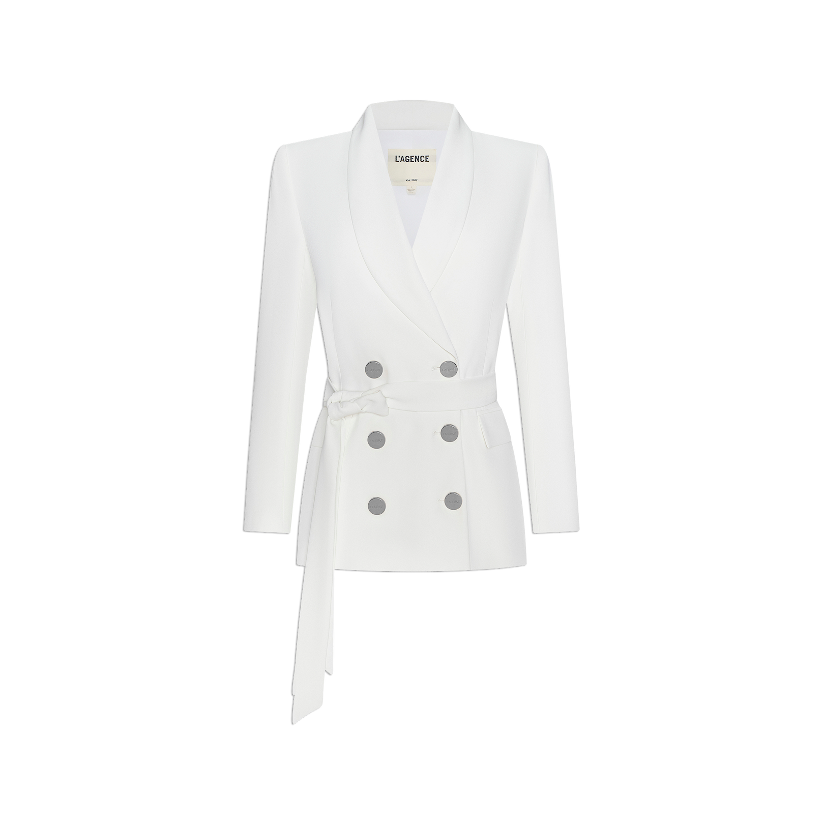 The Aven Wrap Blazer features a crisp white suiting fabric, double-breasted wrap-front design with a shawl collar, silver buttons, long sleeves, and a matching fabric belt tied at the waist, showcased against a plain white background.