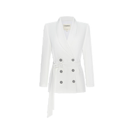 The Aven Wrap Blazer features a crisp white suiting fabric, double-breasted wrap-front design with a shawl collar, silver buttons, long sleeves, and a matching fabric belt tied at the waist, showcased against a plain white background.