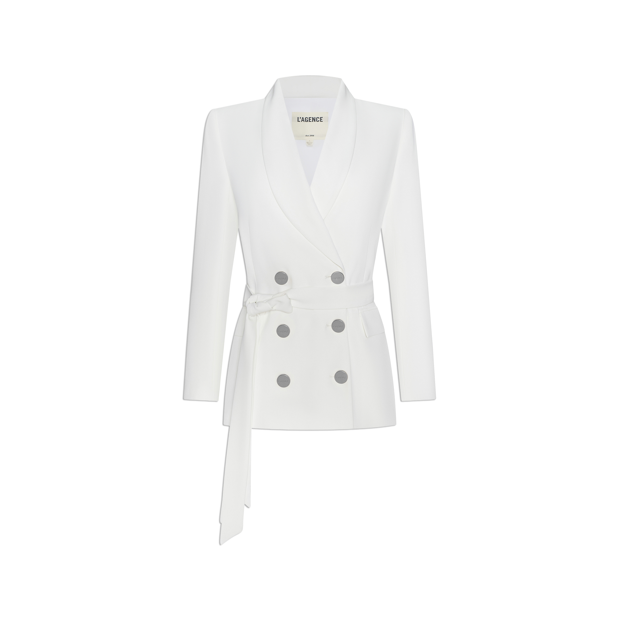 The Aven Wrap Blazer features a crisp white suiting fabric, double-breasted wrap-front design with a shawl collar, silver buttons, long sleeves, and a matching fabric belt tied at the waist, showcased against a plain white background.