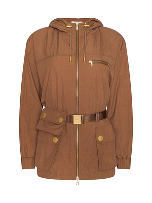 The Calina Windbreaker is a brown utility jacket with gold zippers, front pockets, belted waist, and attached pouch; features gold-tone hardware, relaxed fit, and water-repellent fabric for protection.