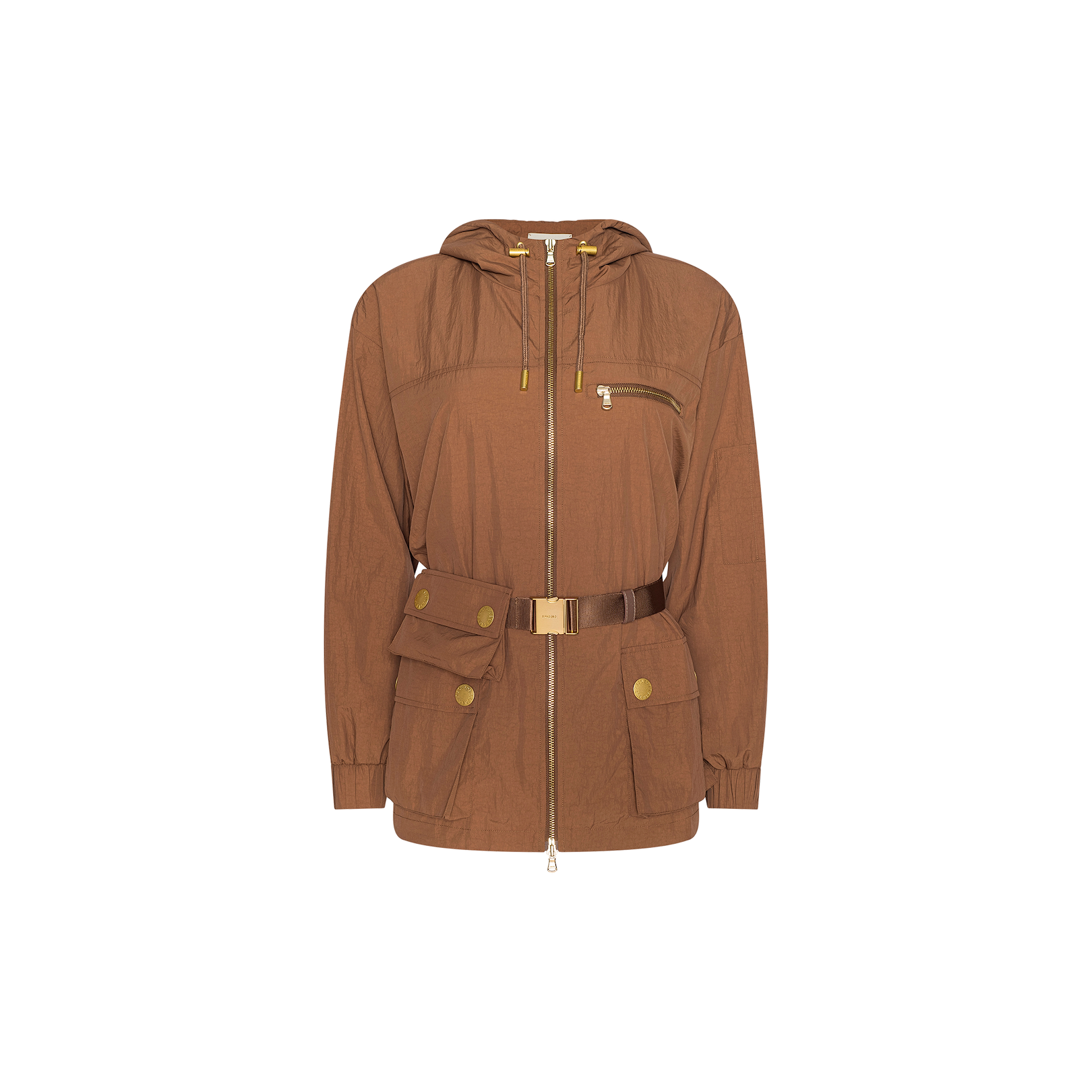 The Calina Windbreaker is a brown hooded jacket featuring gold zippers, a front chest pocket, spacious front pockets with button flaps, a detachable belt bag, and a coordinating belt with a gold buckle. This water-repellent utility-chic piece is shown on a white background.
