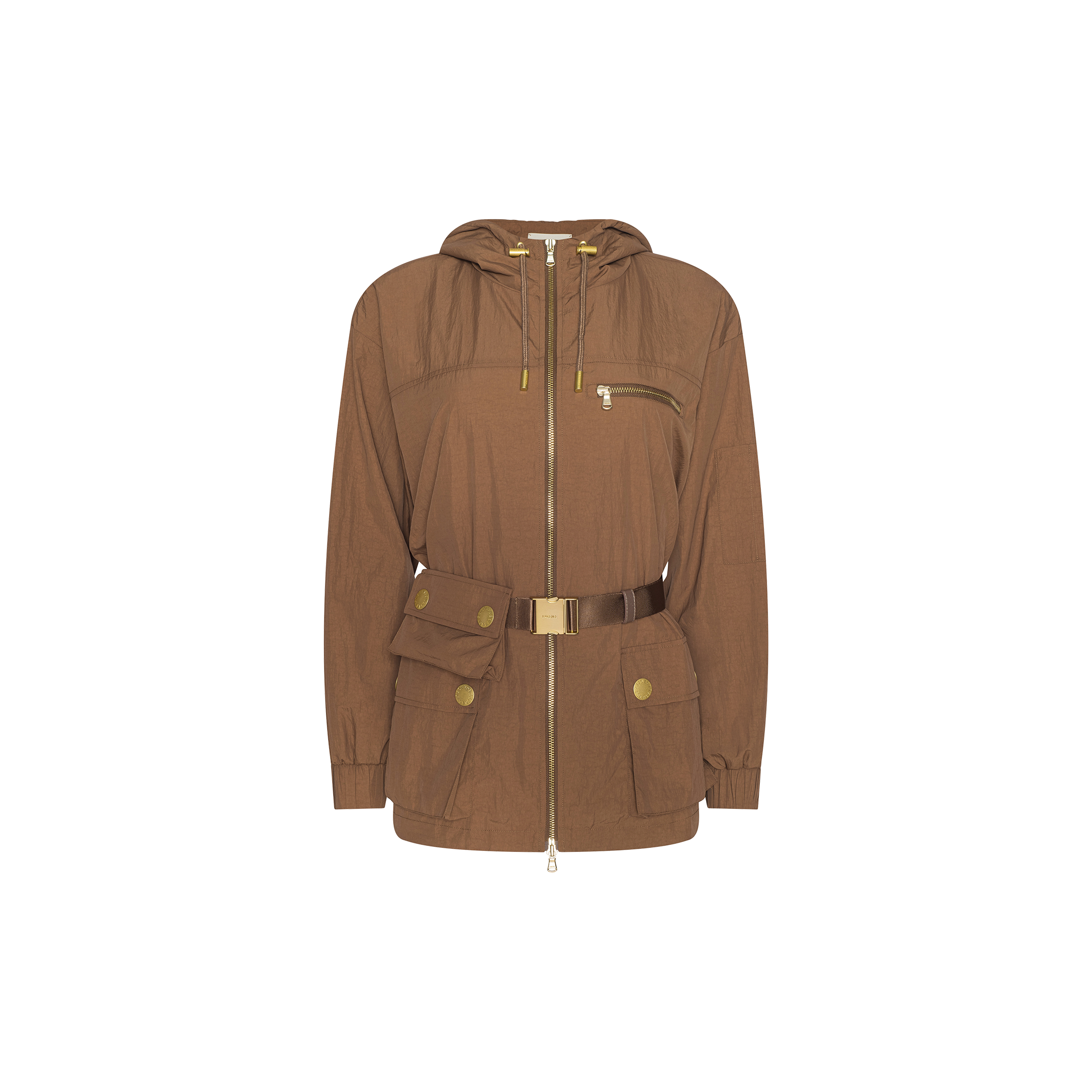 The Calina Windbreaker is a brown hooded jacket featuring gold zippers, a front chest pocket, spacious front pockets with button flaps, a detachable belt bag, and a coordinating belt with a gold buckle. This water-repellent utility-chic piece is shown on a white background.