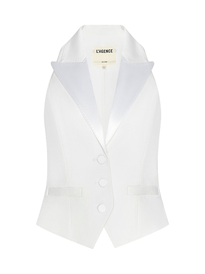 The Tomi Vest is a tailored white tuxedo vest featuring a satin lapel, three front buttons, and two small pockets, made from stretch suiting fabric and shown against a plain background.