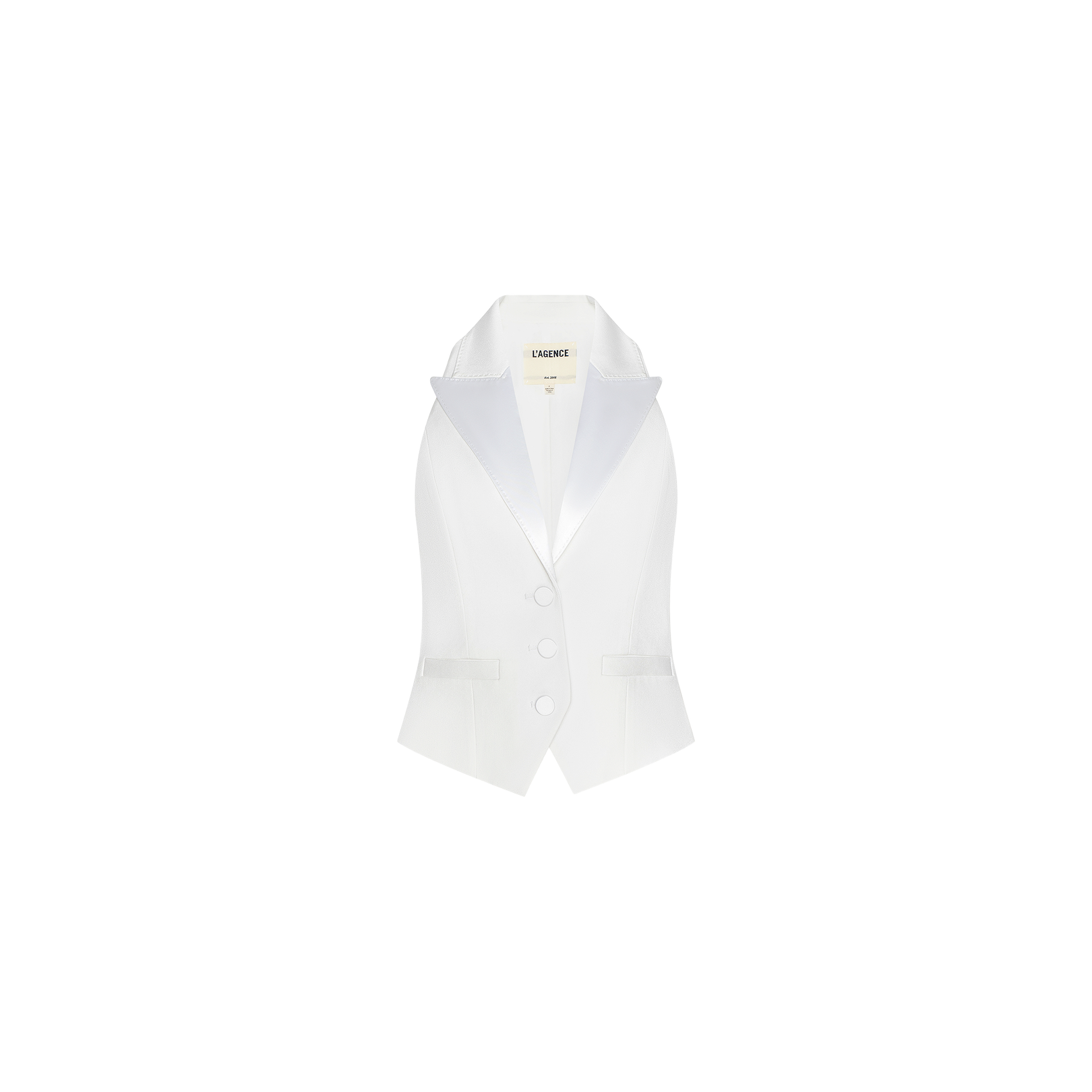 The Tomi Vest is a sleeveless, white tuxedo vest featuring a satin lapel and two buttons, crafted from stretch suiting fabric and displayed on a plain white background.