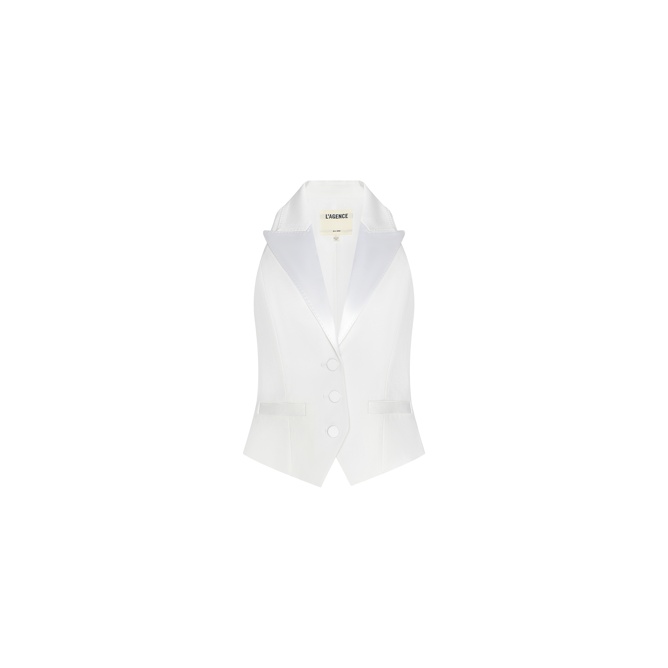 The Tomi Vest is a sleeveless, white tuxedo vest featuring a satin lapel and two buttons, crafted from stretch suiting fabric and displayed on a plain white background.