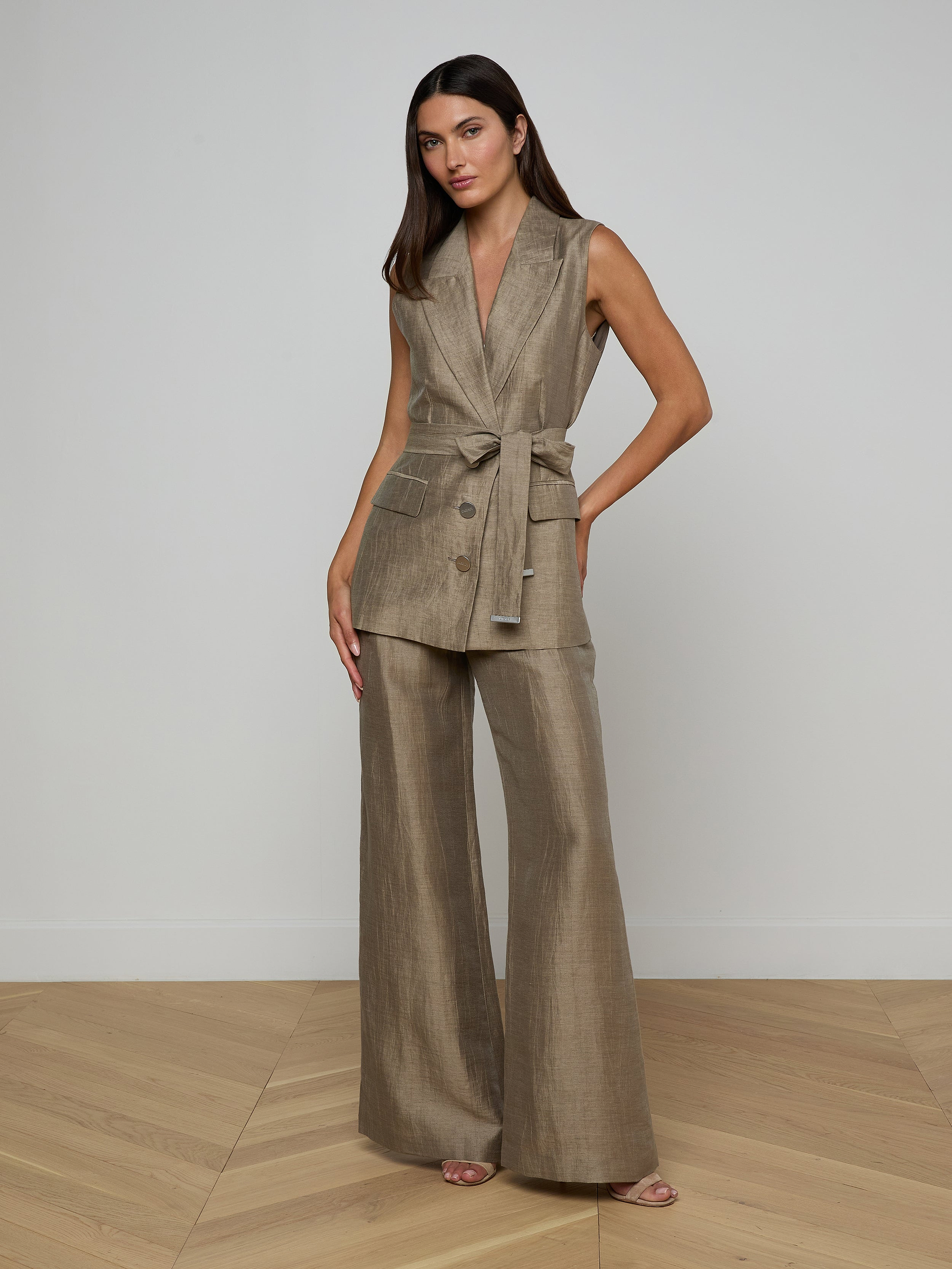 Woman wearing the Harper Linen-Blend Vest with matching pants, standing against a plain white background.