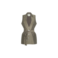 Harper Linen-Blend Vest in a sleeveless metallic olive design, featuring a shawl collar, front buttons, tie belt, and two flap pockets. Shown against a white background. Pair with matching pants for a coordinated look.