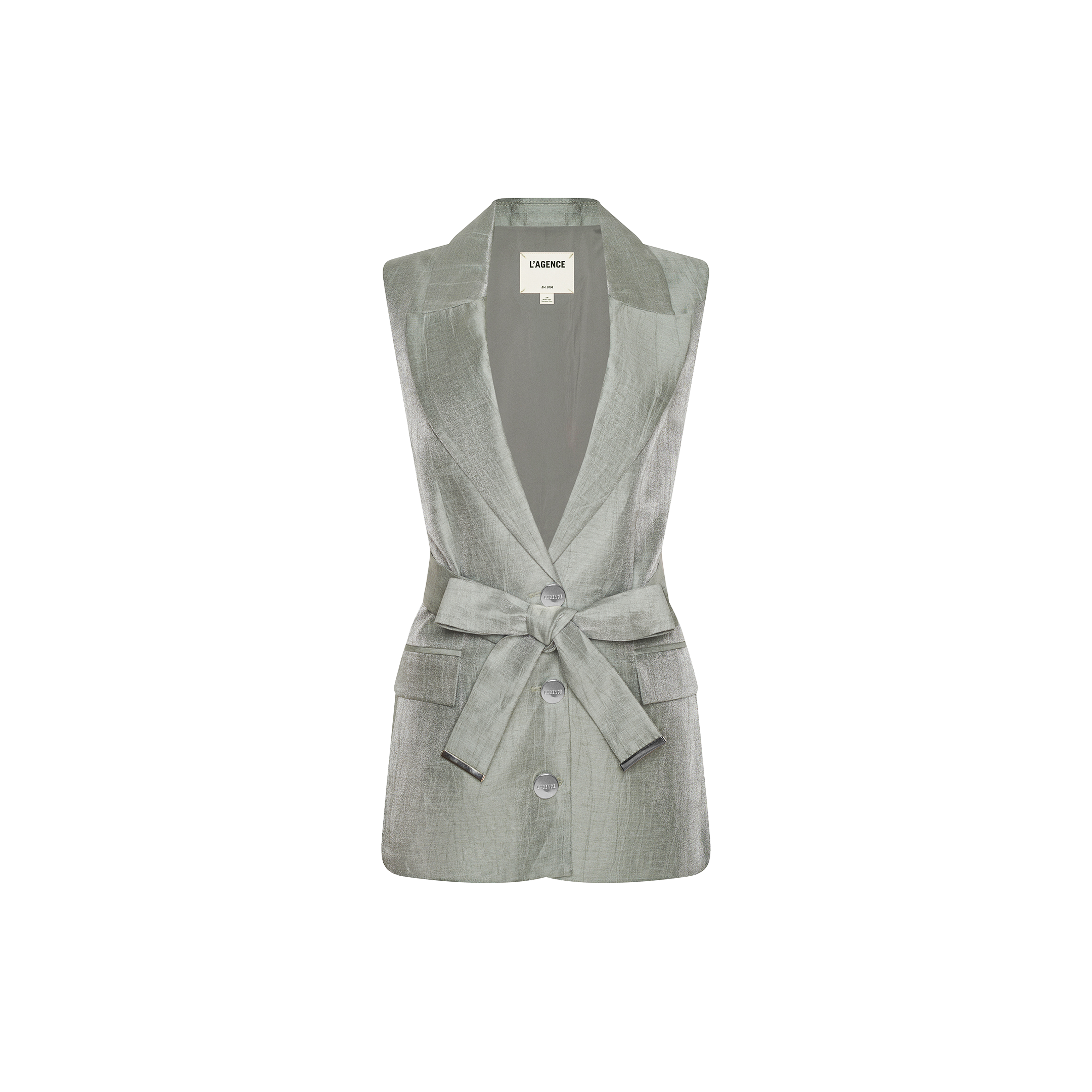 Harper Linen-Blend Vest: Sleeveless, light gray with deep V-neck, three buttons, front pockets, and a matching belt at the waist—ideal for Spring 2027 fashion. Shown on a plain white background.
