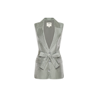 Harper Linen-Blend Vest: Sleeveless, light gray with deep V-neck, three buttons, front pockets, and a matching belt at the waist—ideal for Spring 2027 fashion. Shown on a plain white background.
