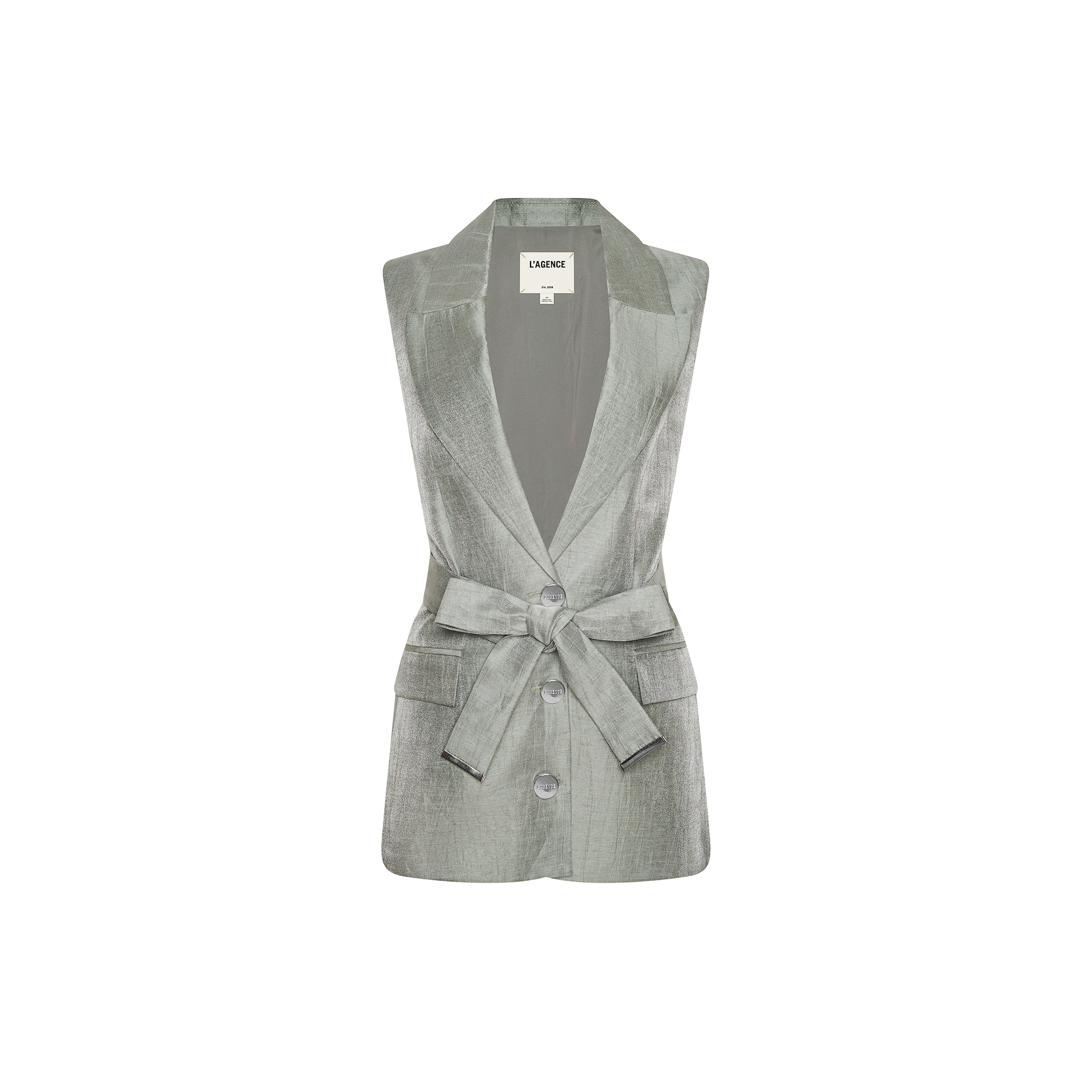 Harper Linen-Blend Vest: Sleeveless, light gray with deep V-neck, three buttons, front pockets, and a matching belt at the waist—ideal for Spring 2027 fashion. Shown on a plain white background.