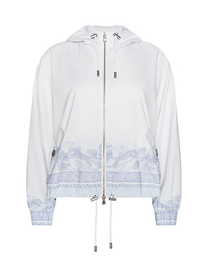 The Miro Hooded Windbreaker features a white design with a front zipper, adjustable drawstrings at the hood and hem, snap-button pockets, and light blue decorative patterns on the cuffs and hem.