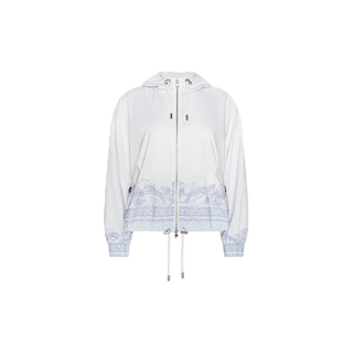Miro Hooded Windbreaker in white, featuring a relaxed fit, adjustable drawstrings, silver-tone hardware, and light blue decorative patterns along the hem and cuffs. This water-repellant jacket comes with long sleeves and a hood for extra protection.