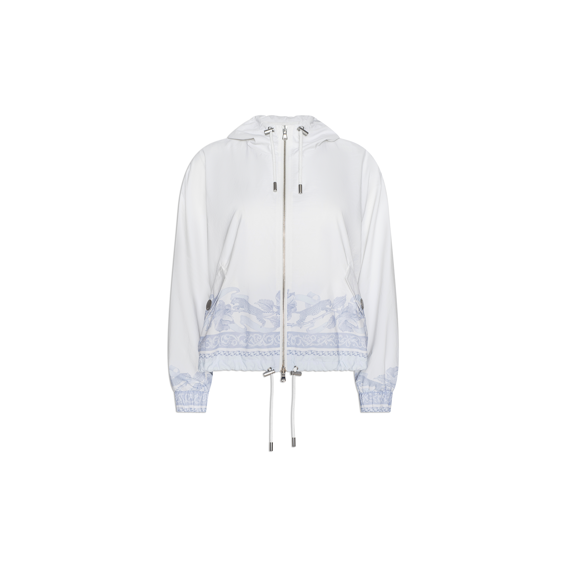 The Miro Hooded Windbreaker features a white design accented with light blue decorative patterns along the hem and cuffs. It offers a front zipper closure, adjustable drawstrings at the hood and hem, and button details on the sleeves. Made from water-repellant fabric, it provides protection in light rain.