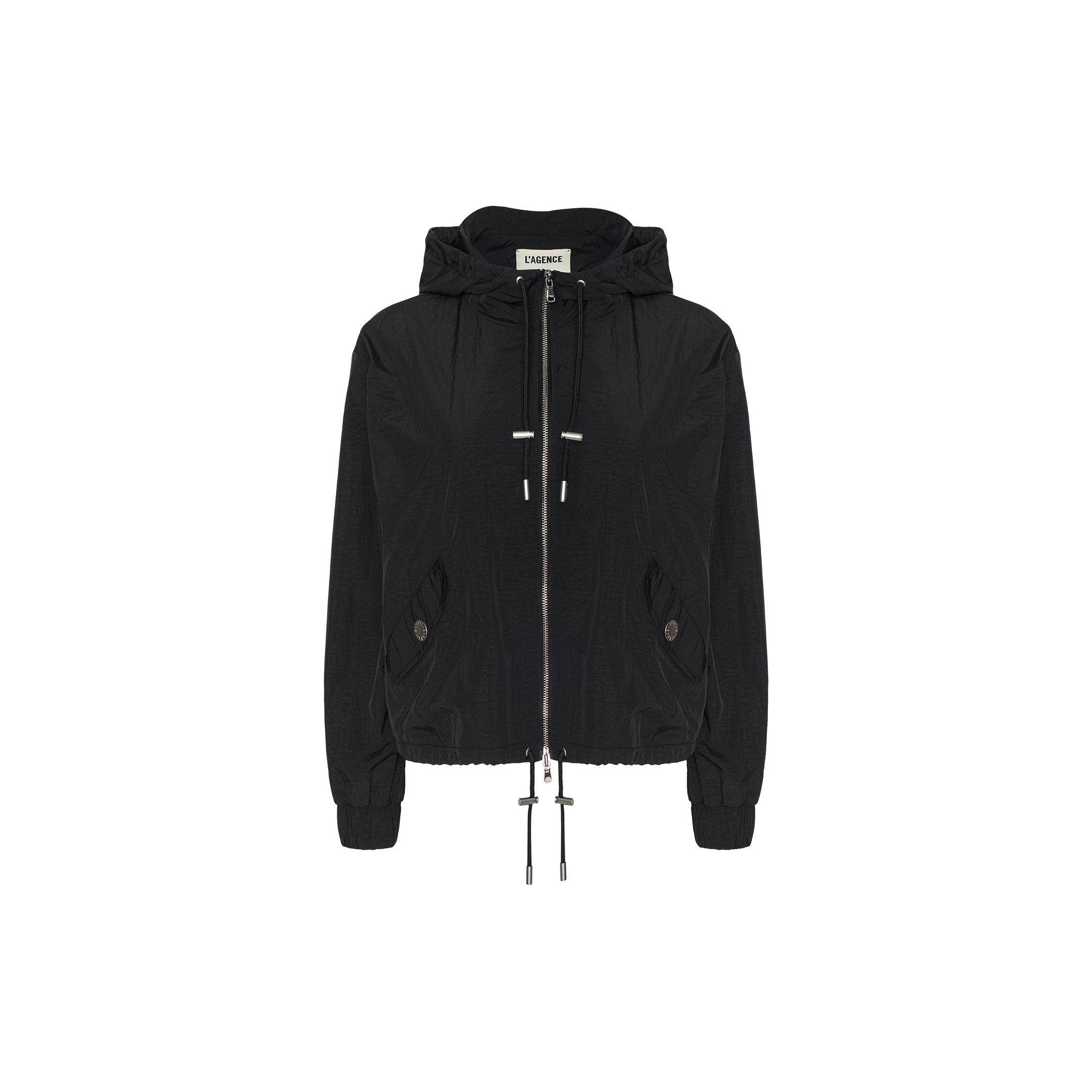 The Miro Hooded Windbreaker is a black zip-up jacket featuring drawstrings at both the hood and hem, two buttoned side pockets, and ribbed cuffs. This elevated windbreaker includes a zip closure and is showcased against a plain white background.