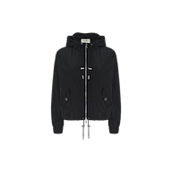 The Miro Hooded Windbreaker is a black zip-up jacket featuring drawstrings at both the hood and hem, two buttoned side pockets, and ribbed cuffs. This elevated windbreaker includes a zip closure and is showcased against a plain white background.