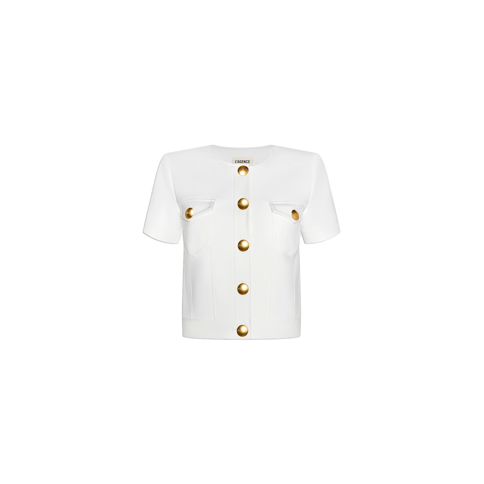 Nawa Shirt Jacket: A white, short-sleeve, collarless shirt jacket featuring a round neckline, front button closure with oversized gold buttons down the center and on each of the two chest pockets for a tailored finish.