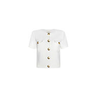 Nawa Shirt Jacket: A white, short-sleeve, collarless shirt jacket featuring a round neckline, front button closure with oversized gold buttons down the center and on each of the two chest pockets for a tailored finish.