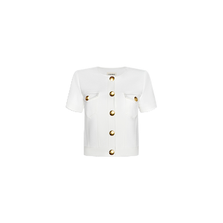 Nawa Shirt Jacket: A tailored short sleeve white shirt jacket featuring two front pockets and five large gold buttons down the center, displayed on a plain white background.