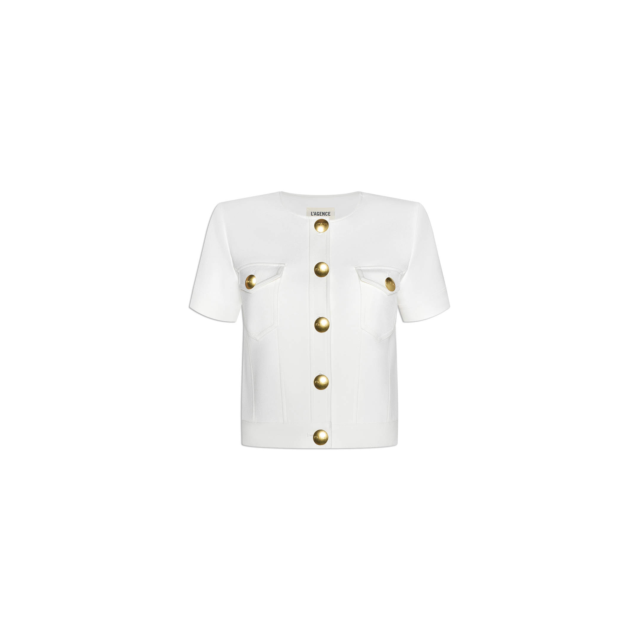 Nawa Shirt Jacket: A white, short-sleeve, collarless shirt jacket featuring a round neckline, front button closure with oversized gold buttons down the center and on each of the two chest pockets for a tailored finish.