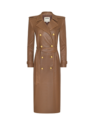 The Baylee Leather Trench Coat is a long brown lambskin piece with a belted waist, gold buttons, shoulder epaulets, and a classic collar, shown against a white background.