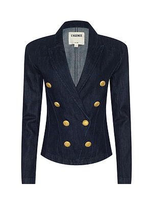 The Emerson Blazer by L'AGENCE is a chic dark blue denim blazer featuring a double-breasted design, six gold buttons, two front pockets, long sleeves, and a notched lapel.