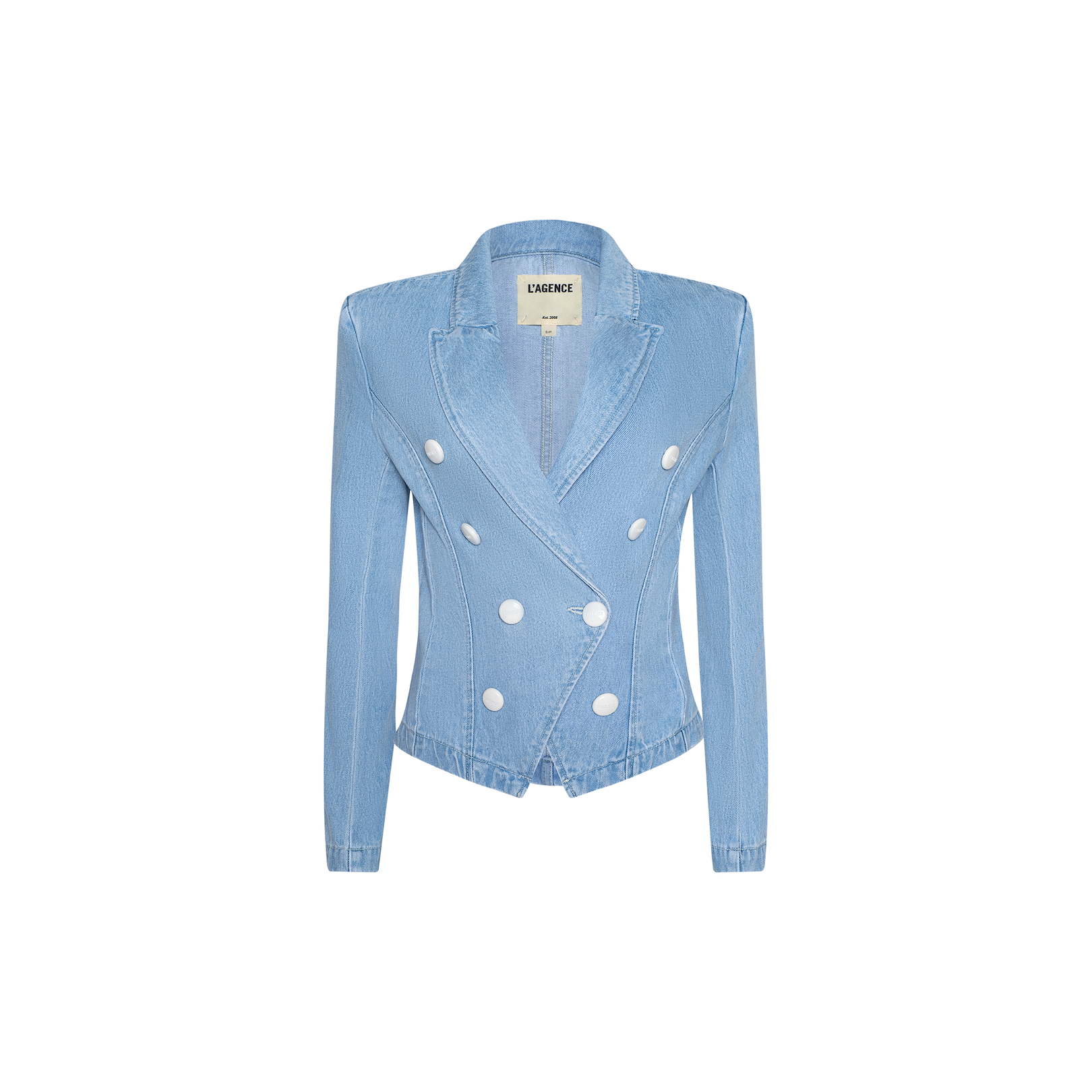 The Emerson Structured Blazer is crafted from light wash, 100 cotton denim and features long sleeves, a double-breasted front with wide lapels, and six large white buttons. “CAMEO” is printed on the label inside the collar. The blazer is photographed against a plain white background.