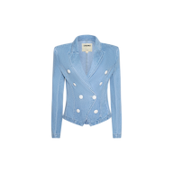 The Emerson Structured Blazer is crafted from light wash, 100 cotton denim and features long sleeves, a double-breasted front with wide lapels, and six large white buttons. “CAMEO” is printed on the label inside the collar. The blazer is photographed against a plain white background.