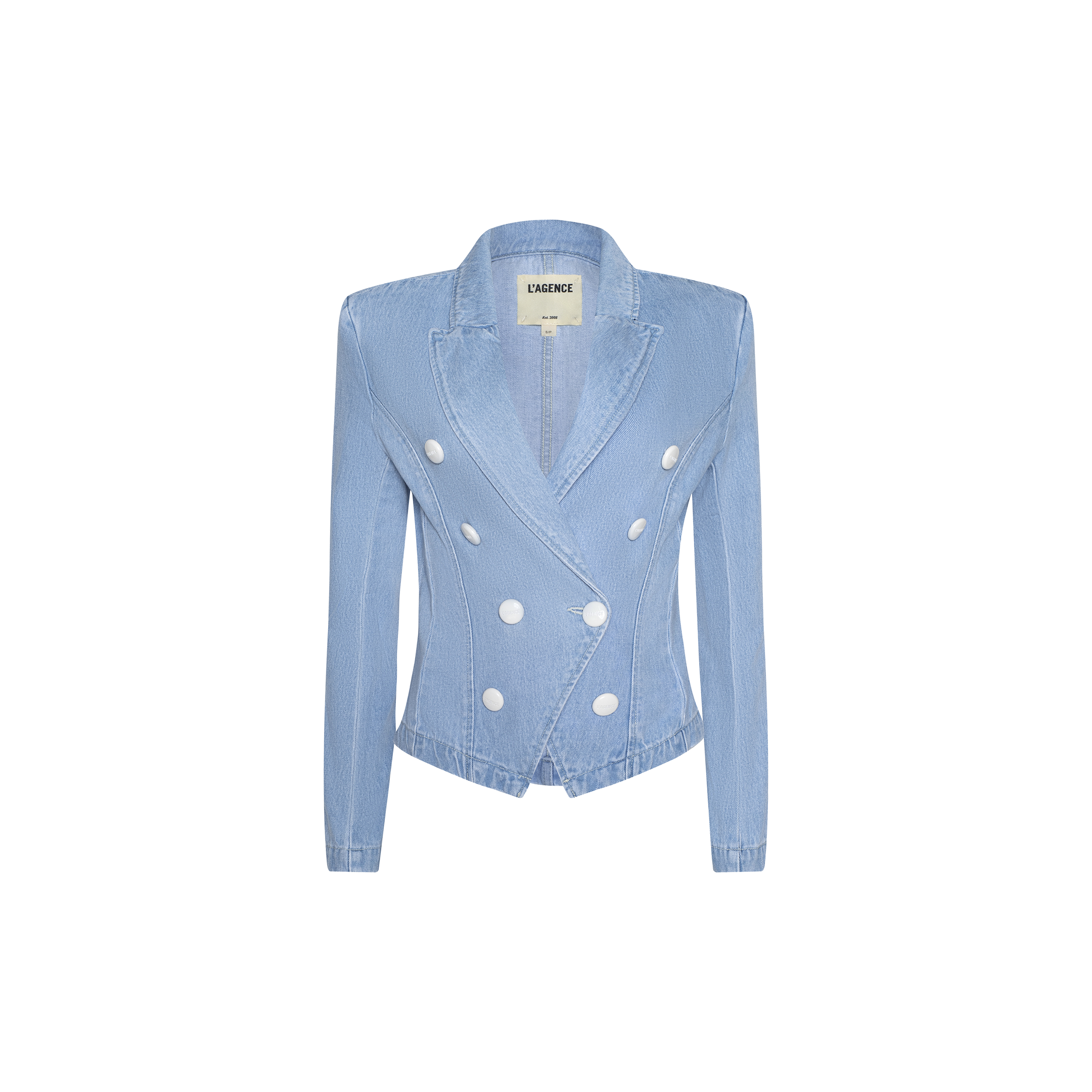 The Emerson Structured Blazer is crafted from light wash, 100 cotton denim and features long sleeves, a double-breasted front with wide lapels, and six large white buttons. “CAMEO” is printed on the label inside the collar. The blazer is photographed against a plain white background.