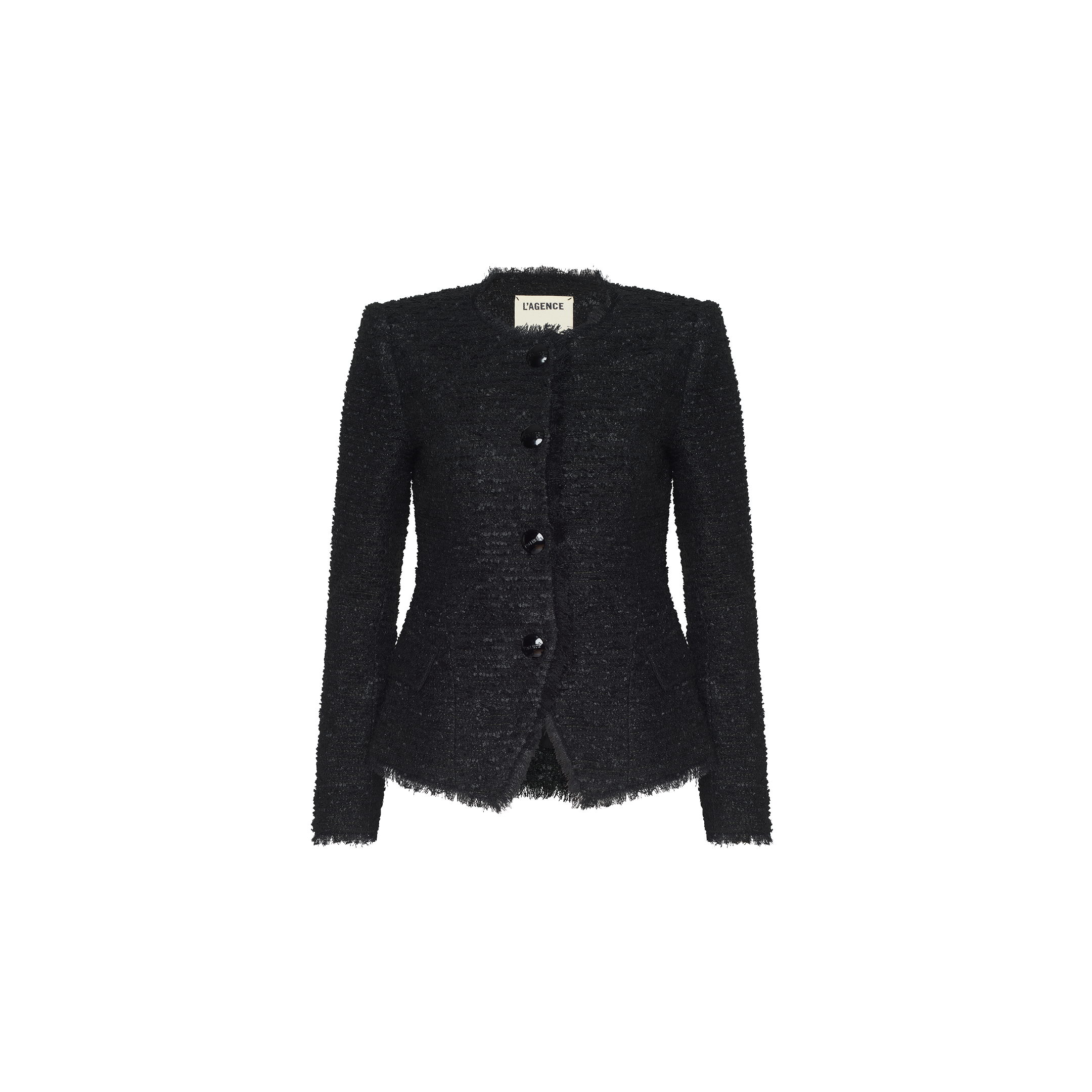 The Nerina Tweed Blazer, featuring a black textured tweed fabric, long sleeves, four buttons, a round collar, and a tailored fit, is displayed on a plain white background.