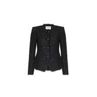 The Nerina Tweed Blazer, featuring a black textured tweed fabric, long sleeves, four buttons, a round collar, and a tailored fit, is displayed on a plain white background.