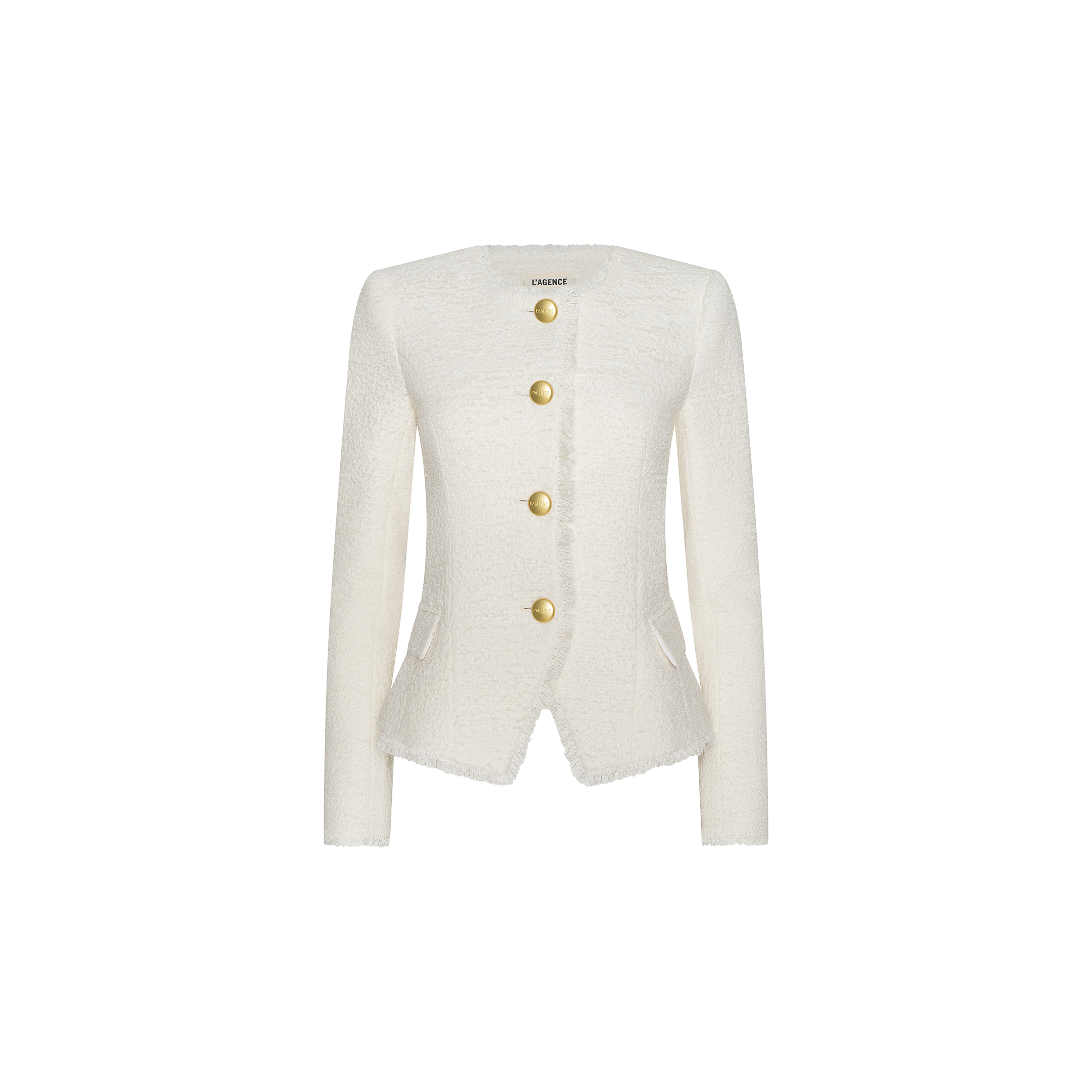 The Nerina Tweed Blazer is a white, collarless blazer featuring long sleeves, gold buttons down the front, and two small flap pockets. Crafted from slightly textured fabric, this tailored piece offers a sleek silhouette and stands out as a true statement item. Displayed on a plain white background.